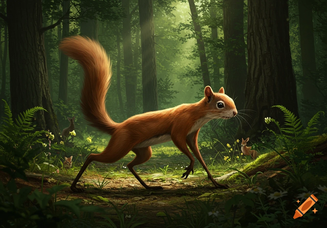A long-bodied, red-brown squirrel with six legs walks across a mossy forest floor bathed in sunlight.