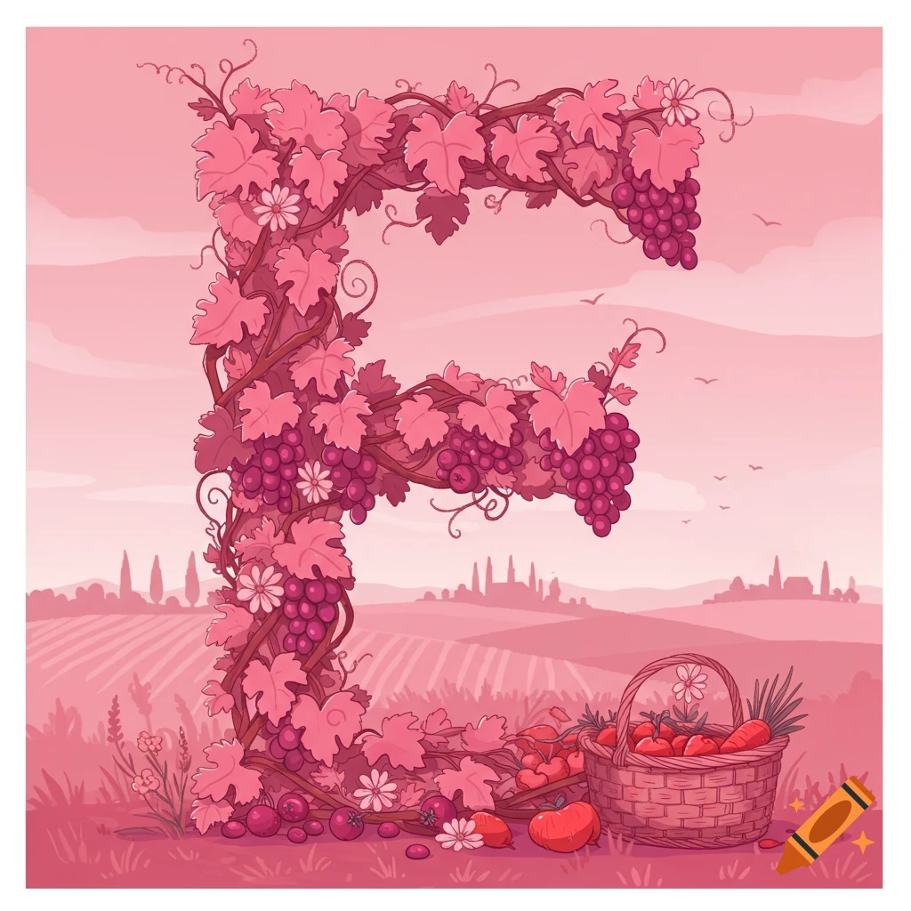 A pink-hued illustration of a large letter 'E' formed by grapevines, grapes, and white flowers, in a rural landscape with a basket of vegetables.