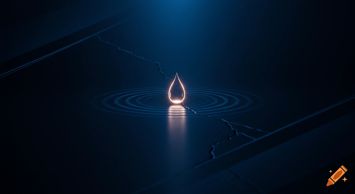 A glowing, tear-shaped light drops onto a dark blue, reflective surface, creating ripples amidst a crack in the 'spacetime'. Minimalist digital art.