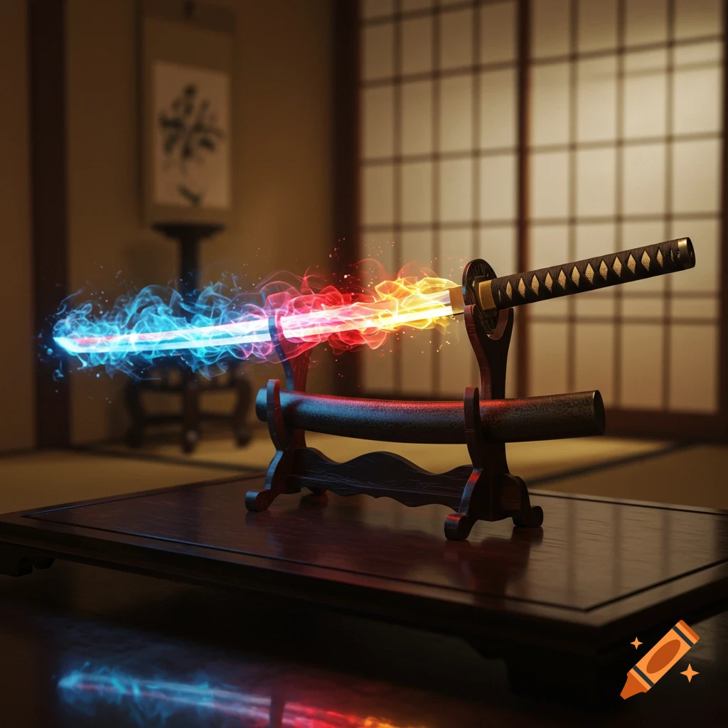 A katana with a blue and red glowing aura on a wooden stand in a traditional Japanese-style room.