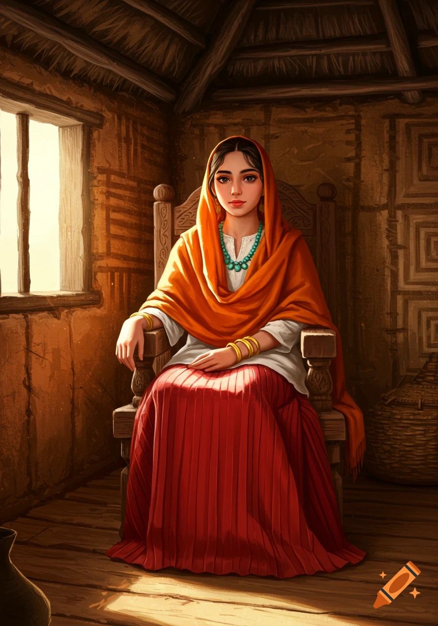 A girl in an orange shawl, white dress, red skirt, gold bracelets, and turquoise necklace sits on a wooden chair in a rustic hut, bathed in light.