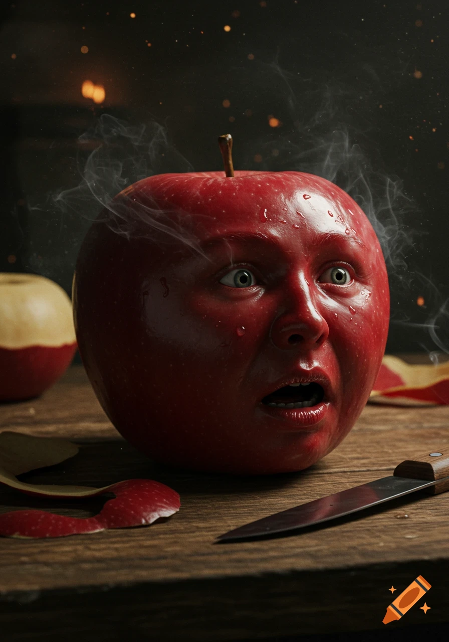 A red apple with a distressed human face looks on as it is being peeled by a knife on a wooden board. Smoke emanates from the apple's head.