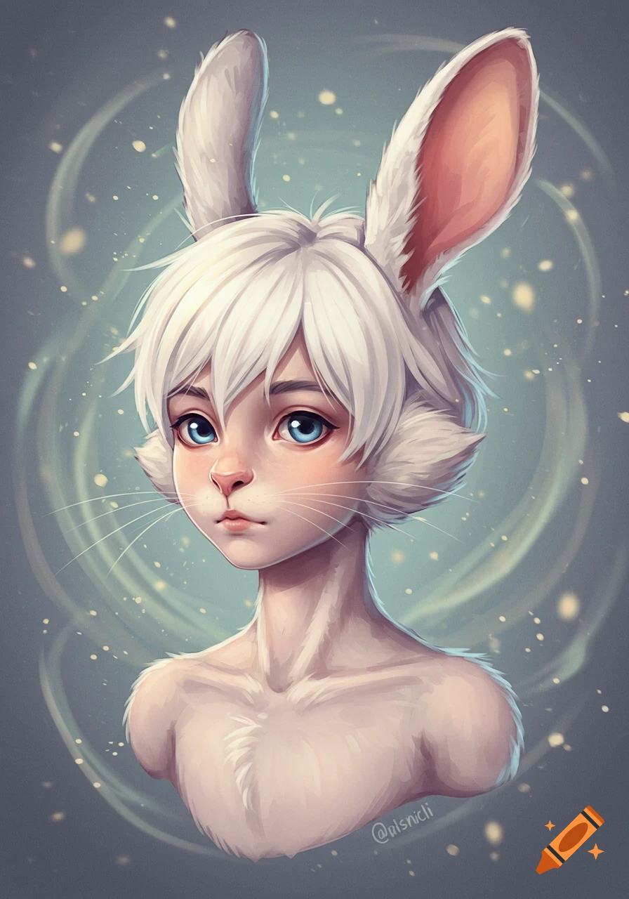 Digital illustration portrait of an anthropomorphic rabbit boy with white hair, blue eyes, rabbit ears, and whiskers.
