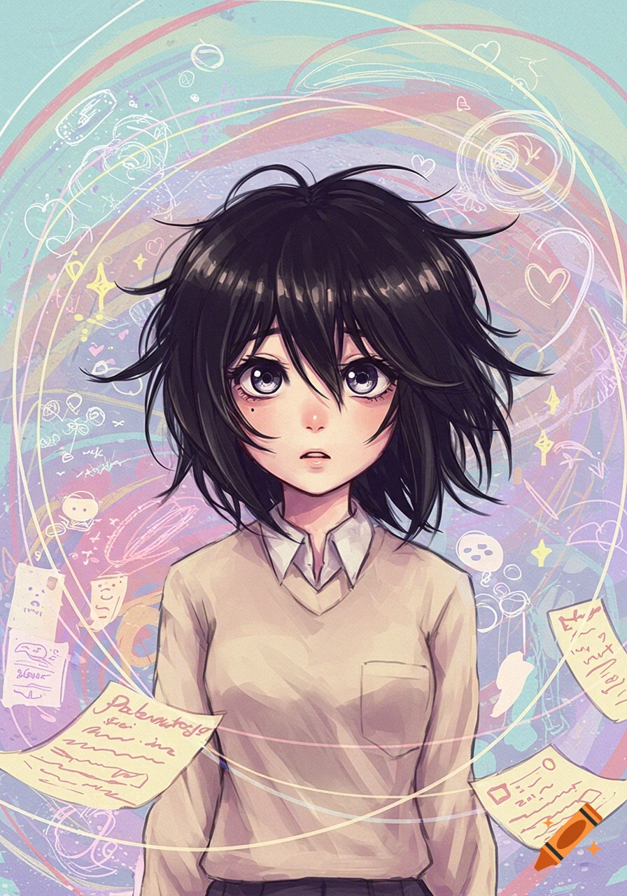 Anime schoolgirl with short dark hair and large eyes, wearing a beige sweater, surrounded by pastel scribbles and floating papers.
