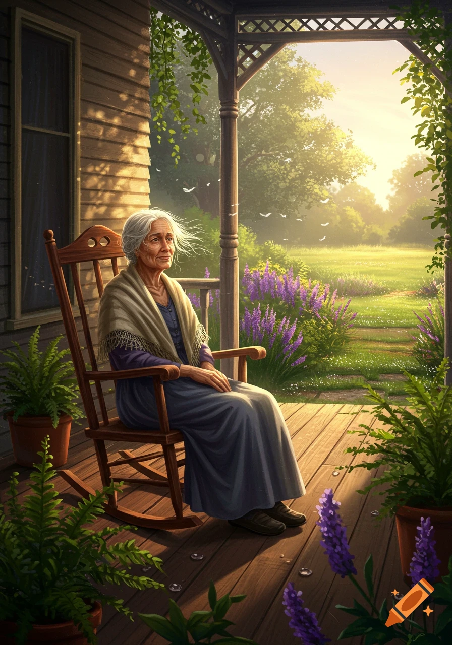 Elderly woman with gray hair sits in a rocking chair on a sunlit porch, looking at a field of purple flowers and trees. Illustrative style.