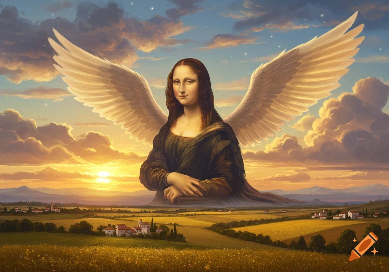 Mona Lisa with large white wings hovers majestically over a golden field and village at sunset, under a cloudy sky.