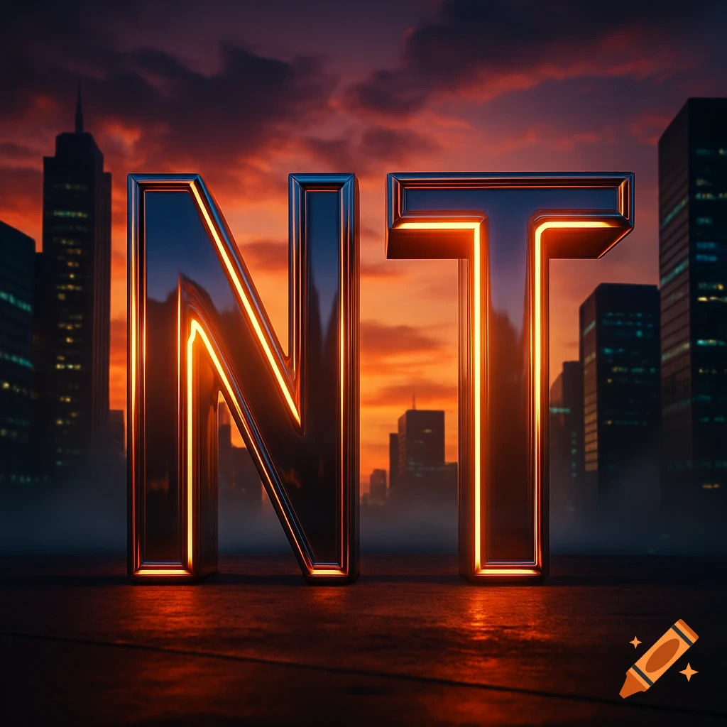 Large, glowing metallic letters 'NT' stand on a reflective surface against a city skyline at a vibrant orange sunset.