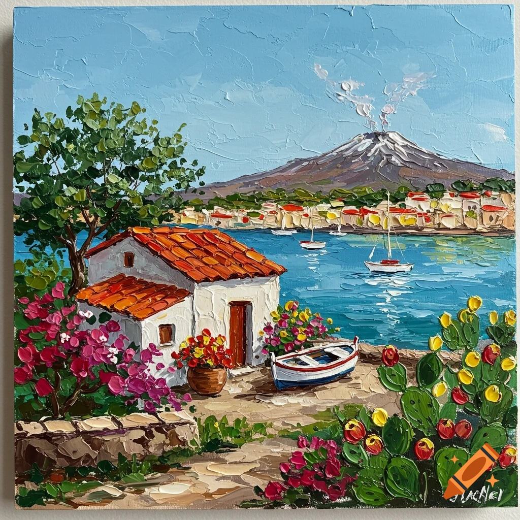 Vibrant impasto painting of a Mediterranean coastal scene with a white house, boat, flowers, and a smoking volcano.
