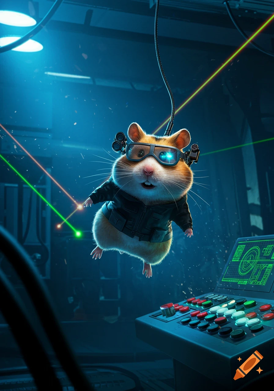 A determined hamster in a tactical jacket and glowing goggles hangs by a wire in a high-tech control room with laser grids.