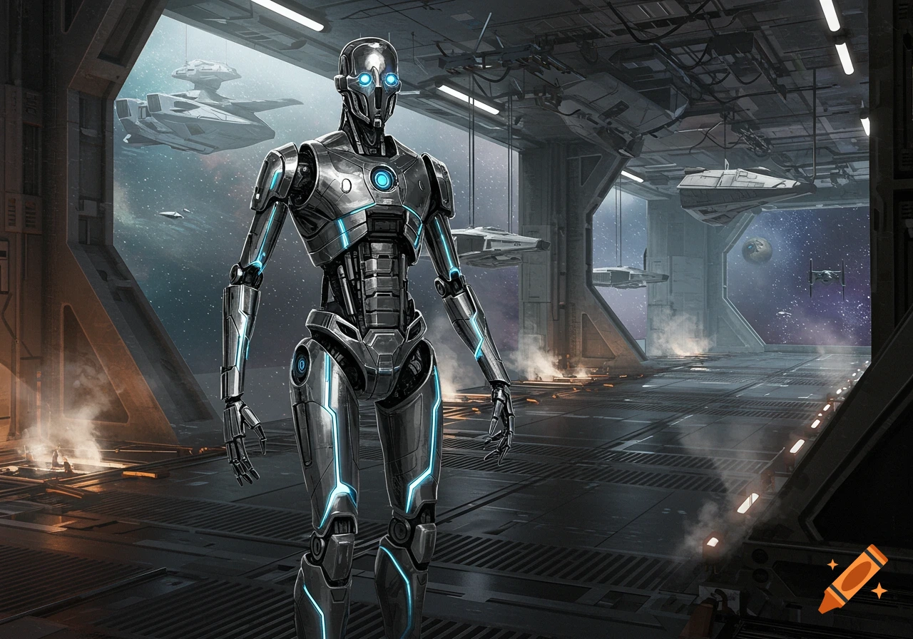 A chrome futuristic robot with blue glowing lights stands in a sci-fi hangar with spaceships and a starry sky in the background.