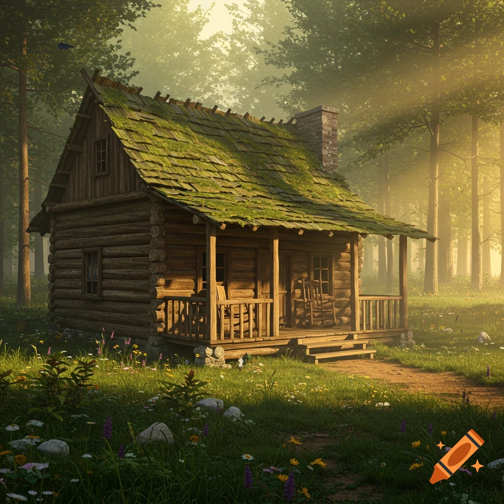 A rustic wooden cabin with a mossy roof in a sun-drenched forest clearing, with a dirt path leading to its porch.