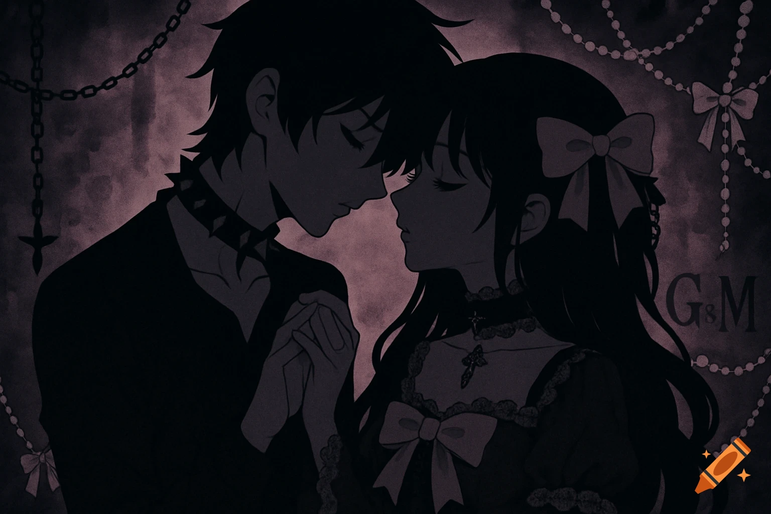 Anime gothic couple, dark silhouettes, holding hands, adorned with chokers, chains, and bows against a moody background.