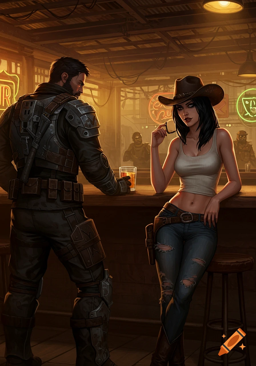 An armored man flirts with a woman in a cowboy hat and tank top at a post-apocalyptic bar, illustrated in a comic art style.