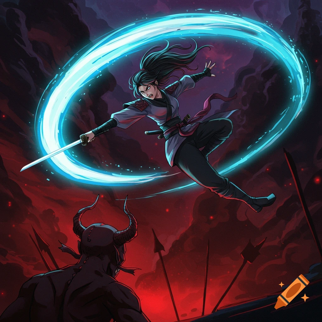An anime-style warrior leaps with a katana, leaving a blue blur, at a horned demon in a fiery, dark realm.
