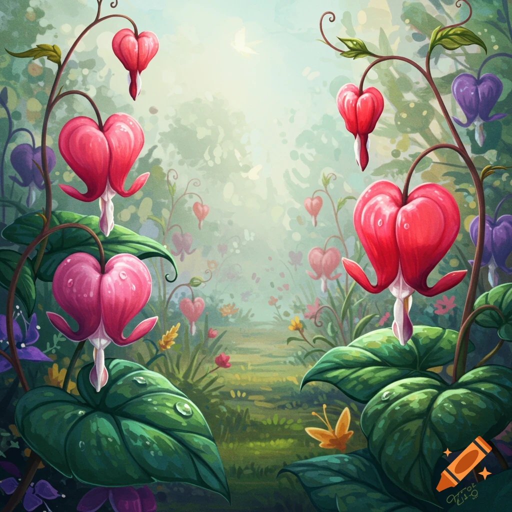 A whimsical, illustrative garden path lined with vibrant red and pink heart-shaped bleeding heart flowers and lush green leaves.