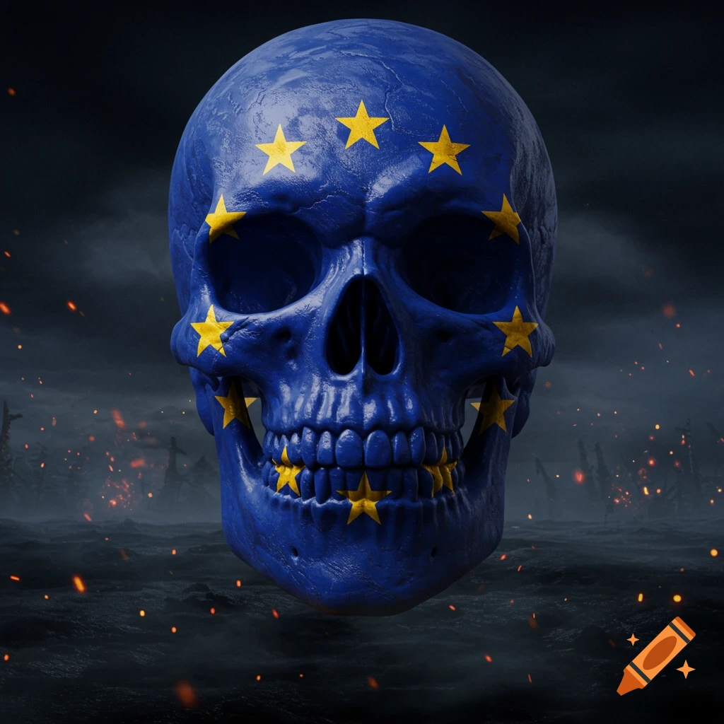 A stylized human skull painted with the blue and yellow stars of the European Union flag, set against a dark, smoky background with embers.