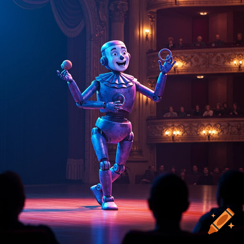 A happy, realistic robot performs pantomime on a theater stage, lit by blue and purple lights, with an audience.