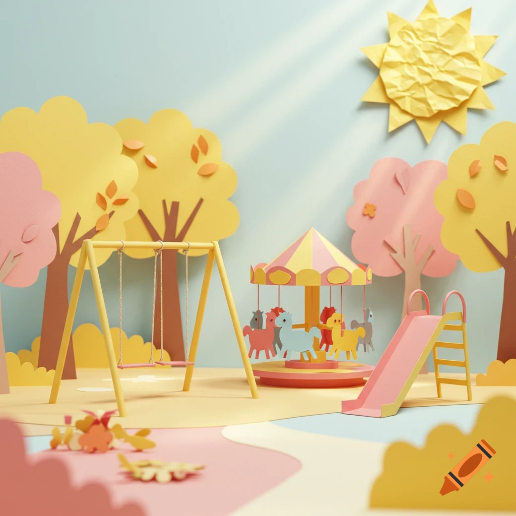 A colorful paper craft playground with swings, a merry-go-round, a slide, and trees under a yellow paper sun.