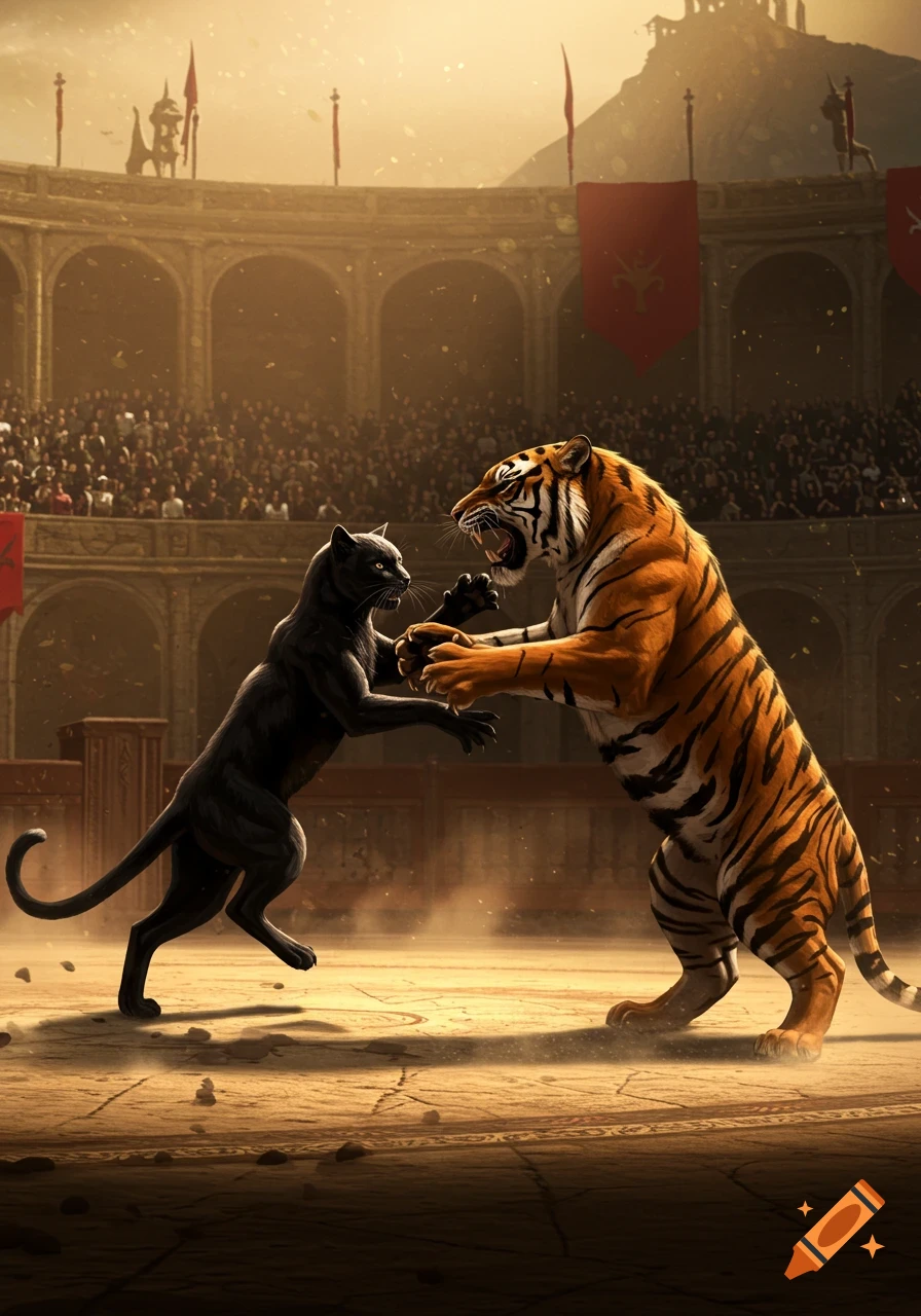 A black panther and a tiger fight in a grand, sunlit gladiatorial arena before a cheering crowd, digital painting.