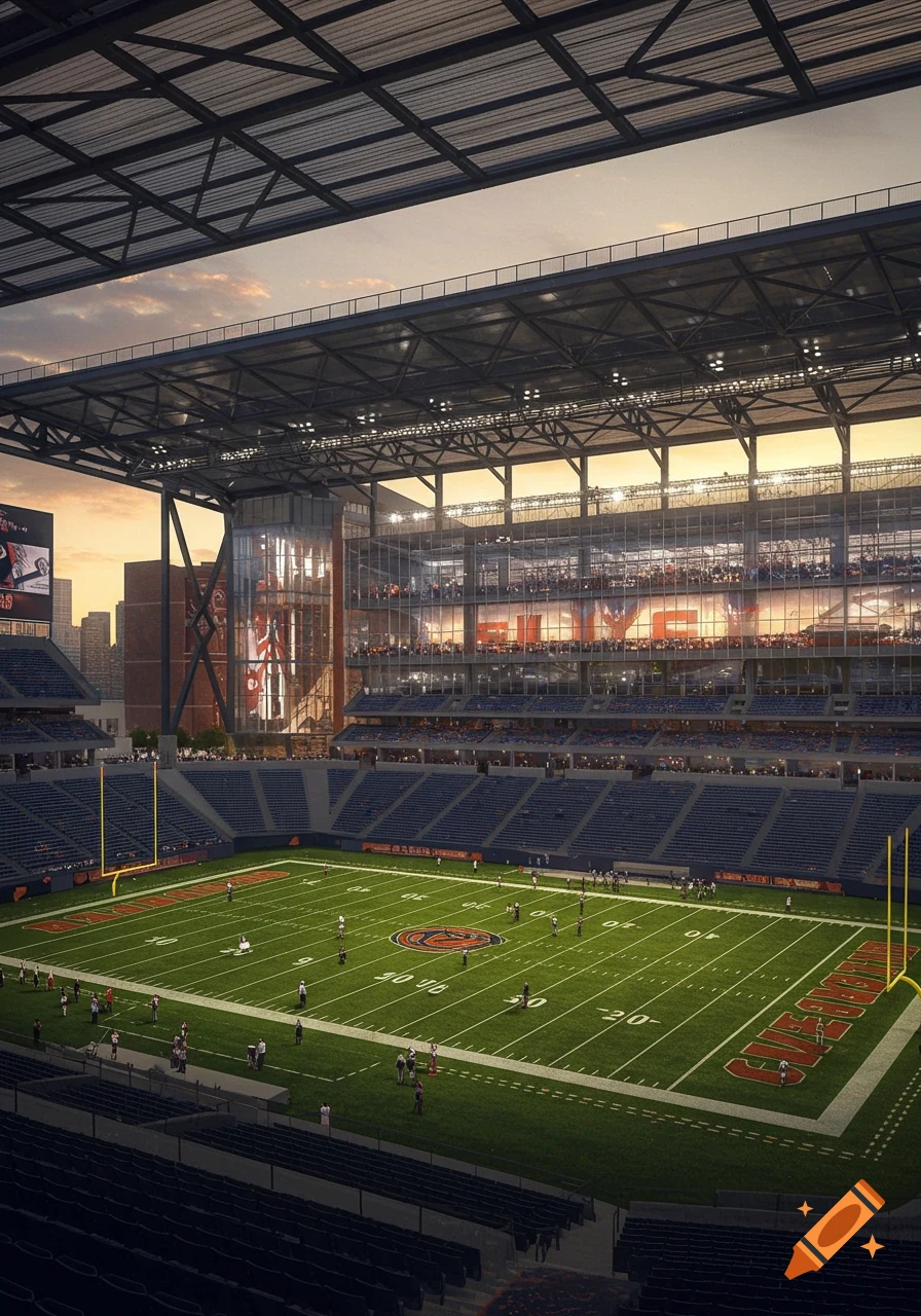 Photorealistic rendering of a modern football stadium at sunset with players on the field and city buildings in the background.