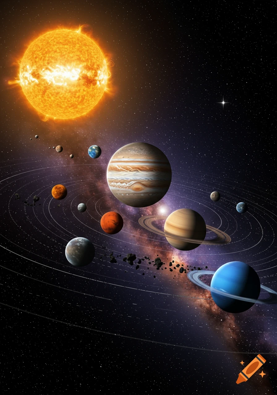 A vibrant illustration of the solar system, featuring the Sun, planets, asteroid belts, and a starry galaxy background.