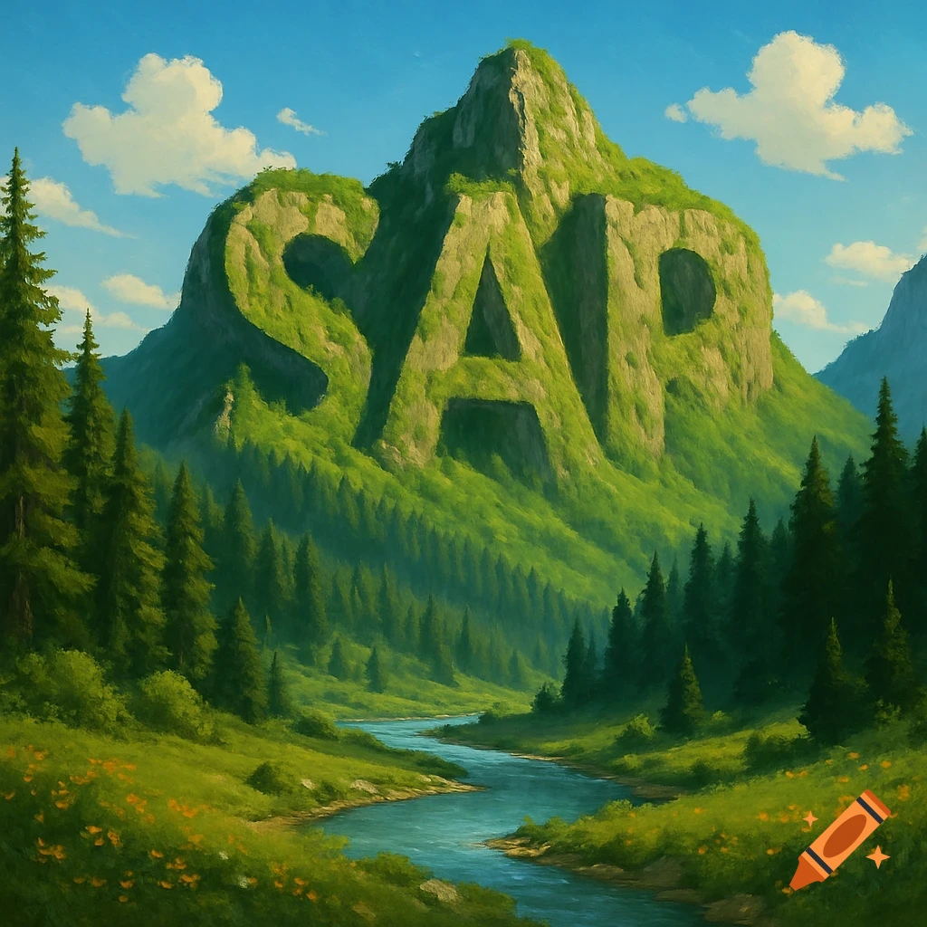 Lush green mountain landscape with a river, where a prominent mountain forms the letters SAP from its foliage under a blue sky.