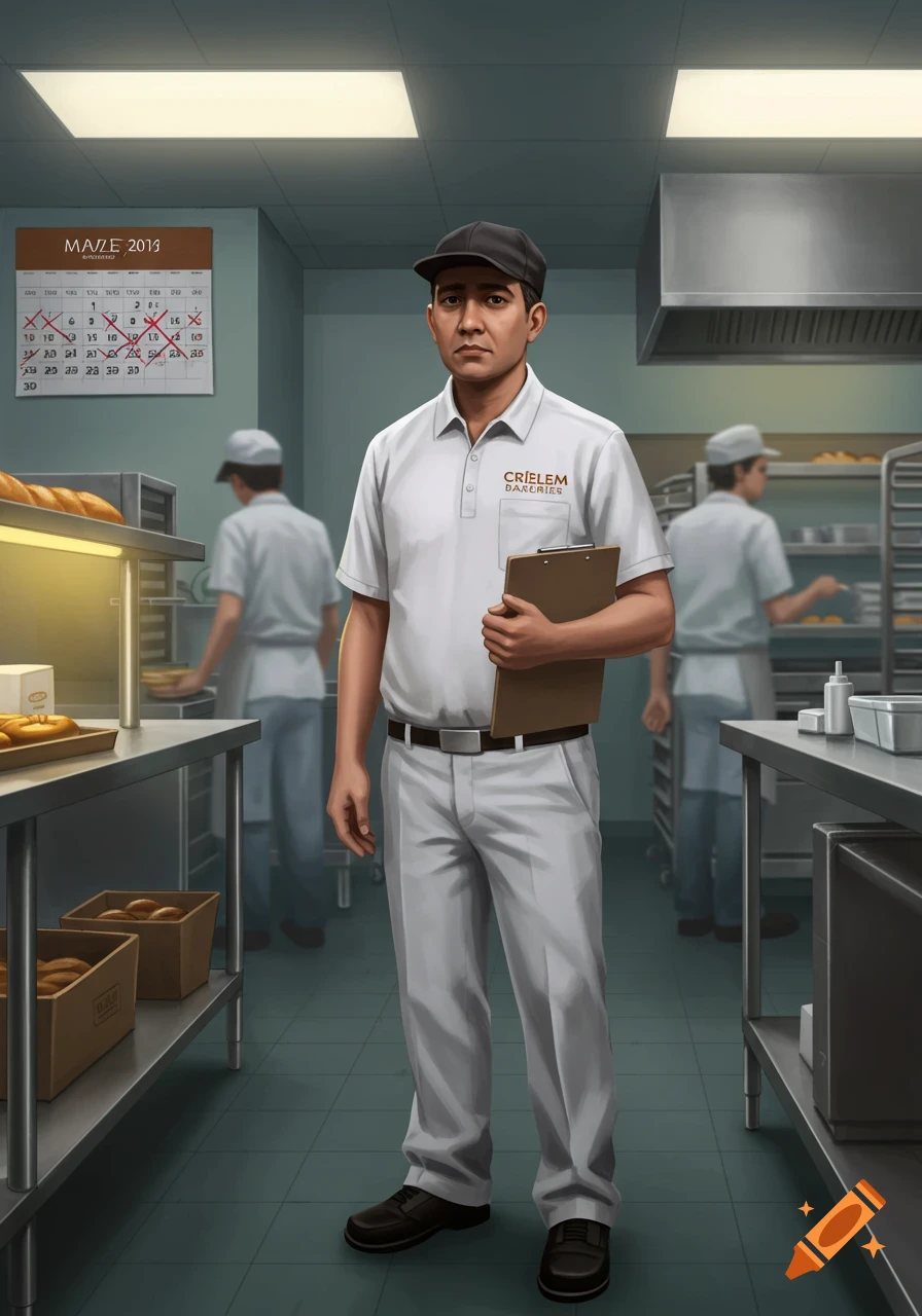 An employee wearing a white polo shirt and cap holds a clipboard in a bustling bakery kitchen, with other workers in the background.