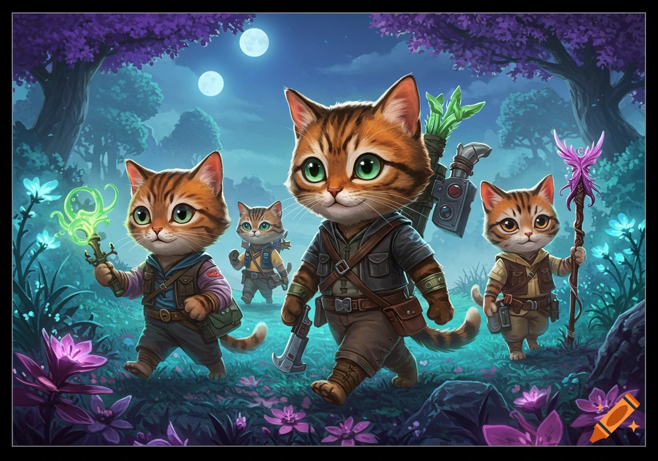 Four cute anthropomorphic tabby cats dressed in adventurer gear walk through a magical, moonlit forest with glowing plants, in a fantasy art style.