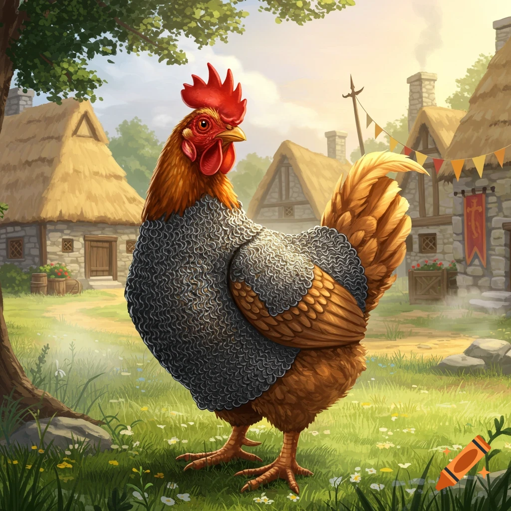 A majestic rooster in chainmail armor stands in a sunlit medieval village with thatched-roof houses.