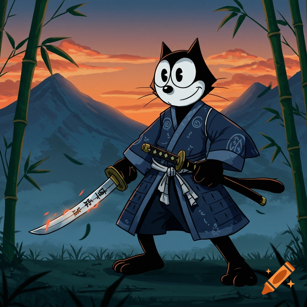 A cartoon black cat resembling Felix the Cat, dressed as a samurai, holds a katana with Japanese characters on its blade. He stands in a bamboo forest at sunset with mountains in the background.