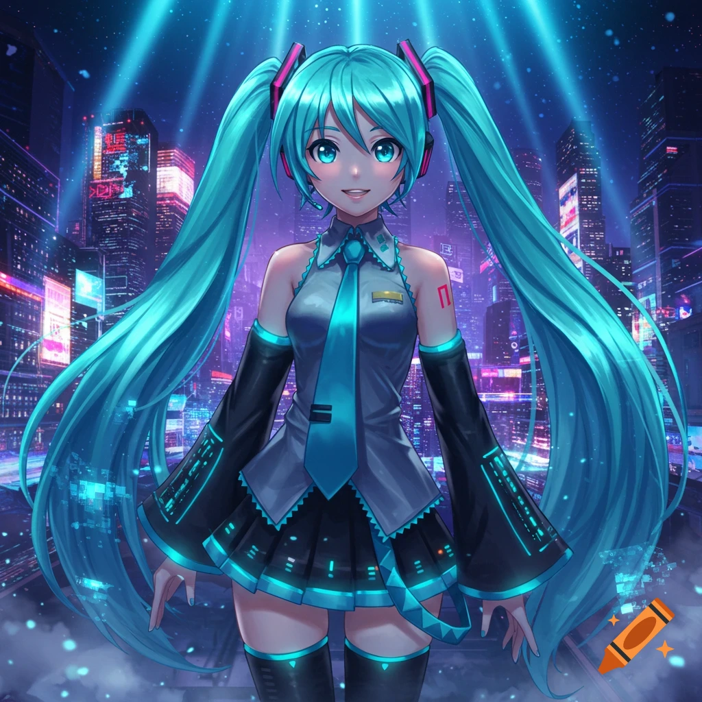 An anime character with long blue pigtails and blue eyes, wearing a black and blue outfit with glowing accents, stands in a neon-lit futuristic city at night.