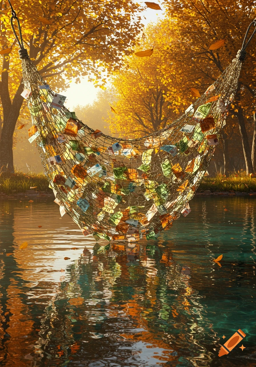 A fishing net filled with Euro banknotes partially submerged in a sunlit autumn forest pond, with golden leaves falling.