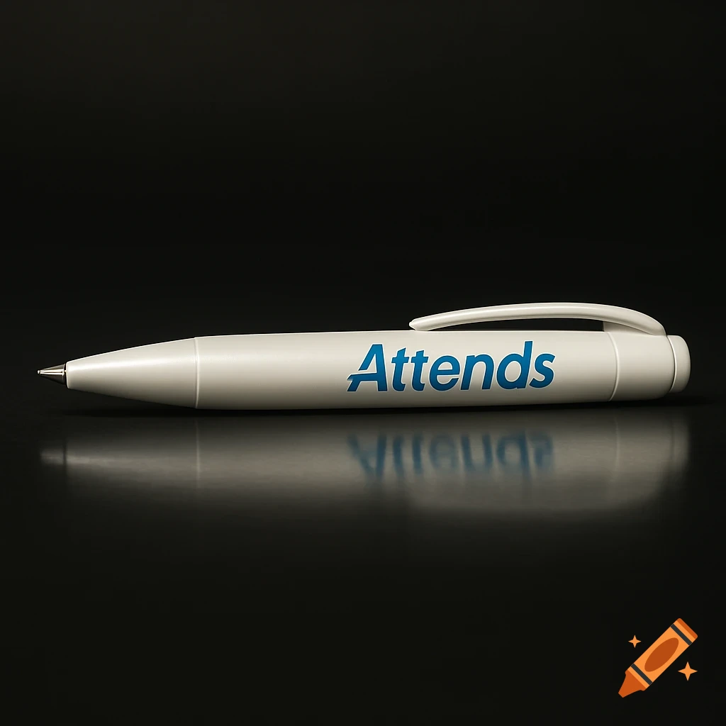 A photorealistic white ink pen with the word 'Attends' printed in blue, lying on a reflective black surface.