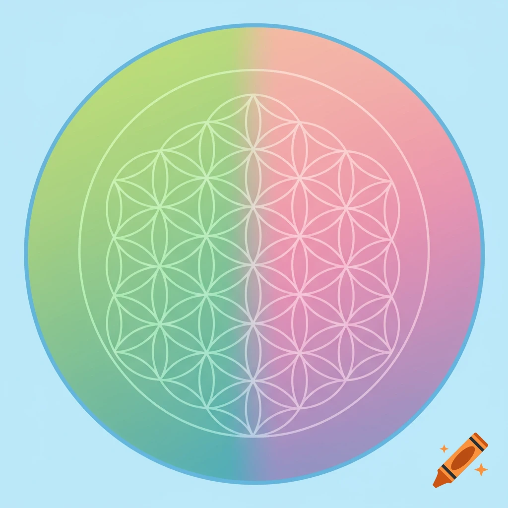 A white Flower of Life geometric pattern centered on a circular gradient from light green to pink, against a light blue background.