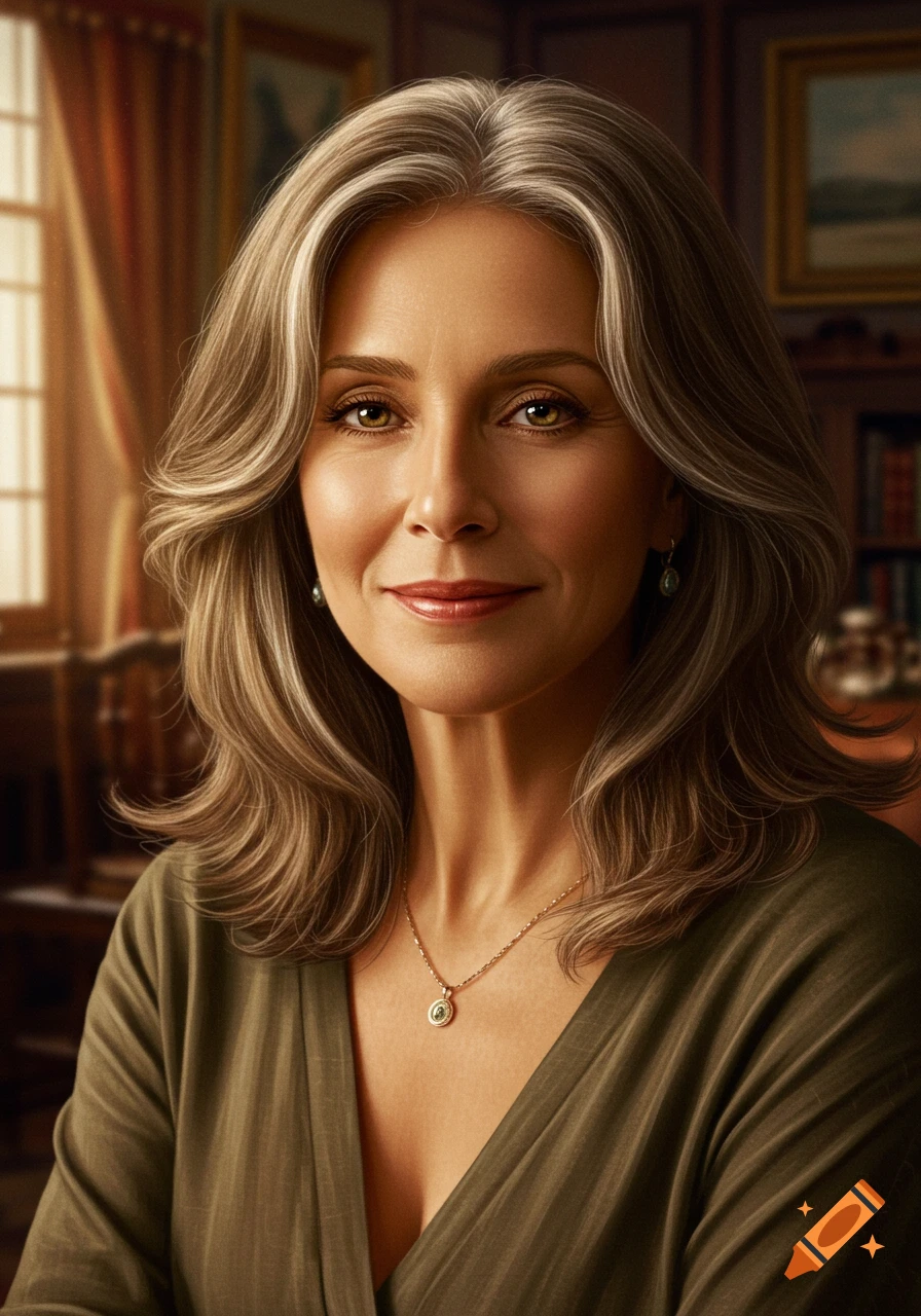 A photorealistic portrait of an elegant woman with grey-streaked brown hair and hazel eyes, wearing an olive-green top.