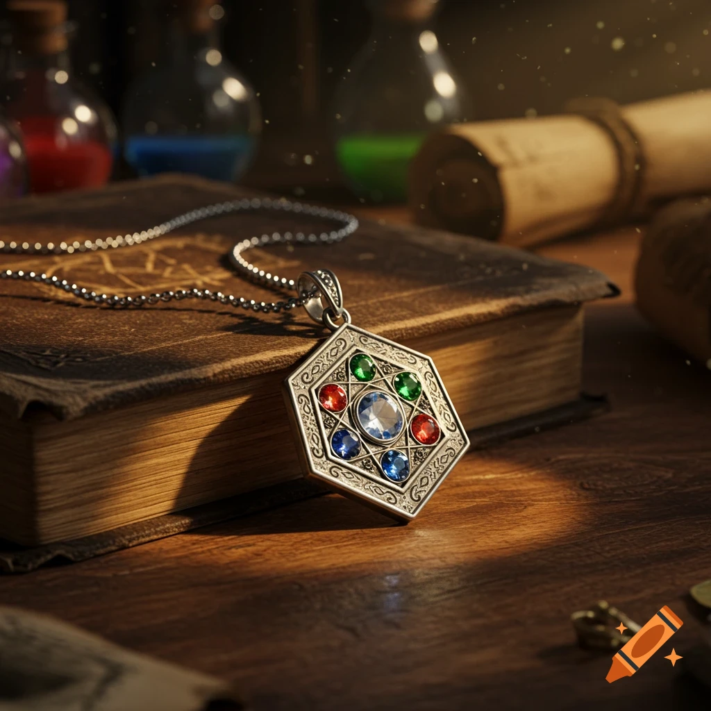 A silver hexagonal amulet with colorful gems rests on an old book, surrounded by potion bottles and scrolls on a wooden table, in a magical fantasy setting.