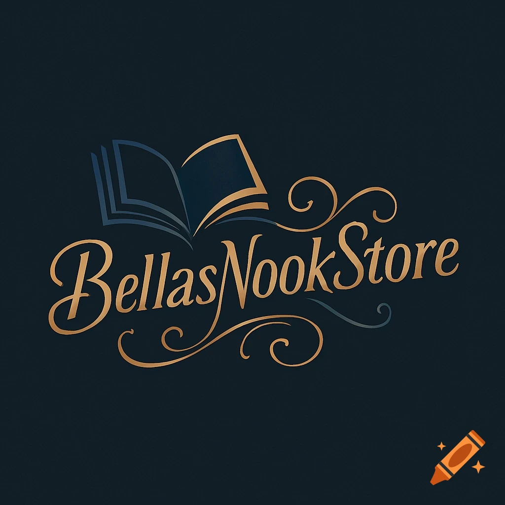 Gold and blue logo for "BellasNookStore" with an open book icon and elegant script text.