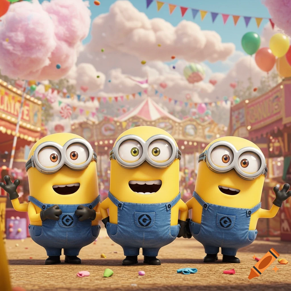 Three cheerful Minions stand in a vibrant carnival setting with cotton candy, balloons, and fairground attractions.