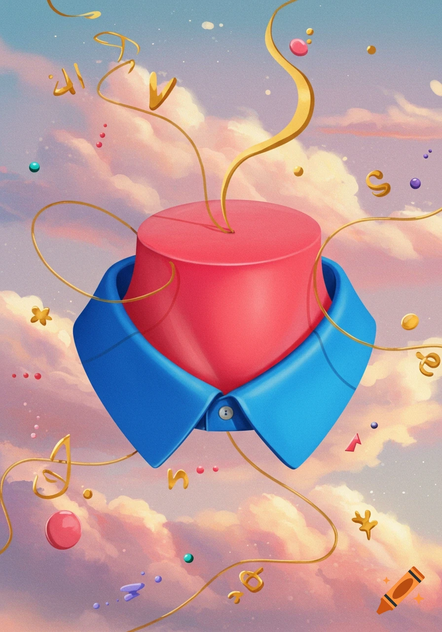 A stylized, abstract pink cylindrical torso with a blue collared shirt floats in a cloudy sky, surrounded by golden wavy lines and colorful spheres.