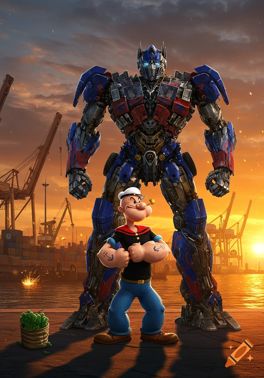 A large Optimus Prime stands behind a flexing Popeye at a port during sunset, with a basket of spinach nearby.