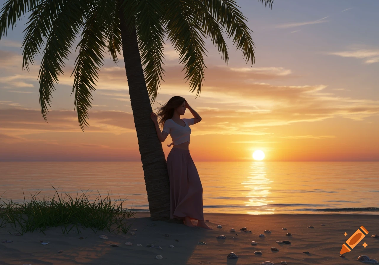 A woman stands by a palm tree on a sandy beach, gazing at a vibrant sunset over the ocean. Photorealistic style.