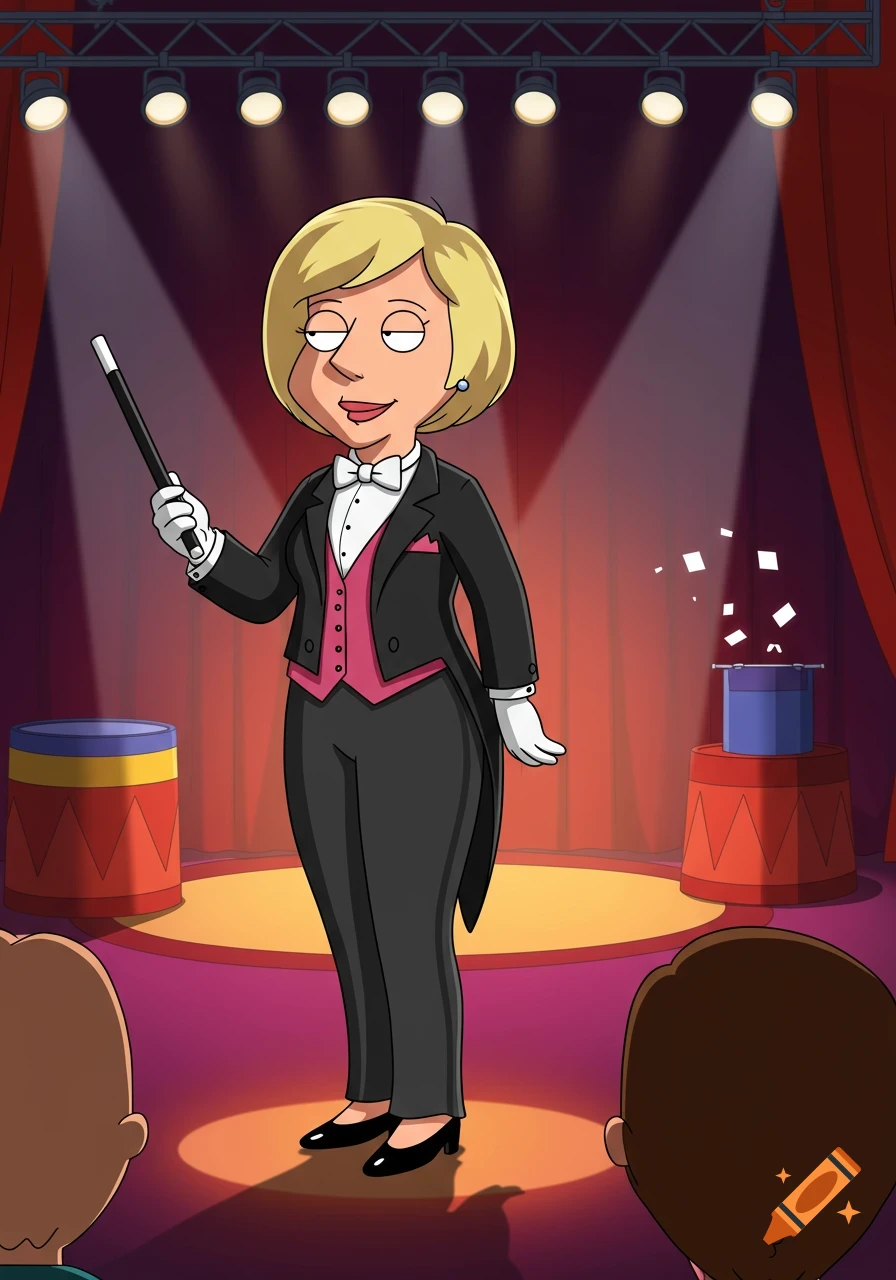 A blonde woman dressed as a magician in a tuxedo holds a wand on a spotlighted stage with props, in Family Guy cartoon style.