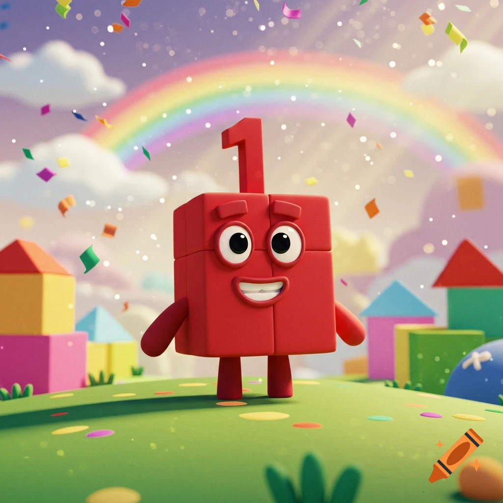 A red Numberblocks character, number one, stands on a green hill with colorful block houses, a rainbow, and falling confetti in a cheerful cartoon style.