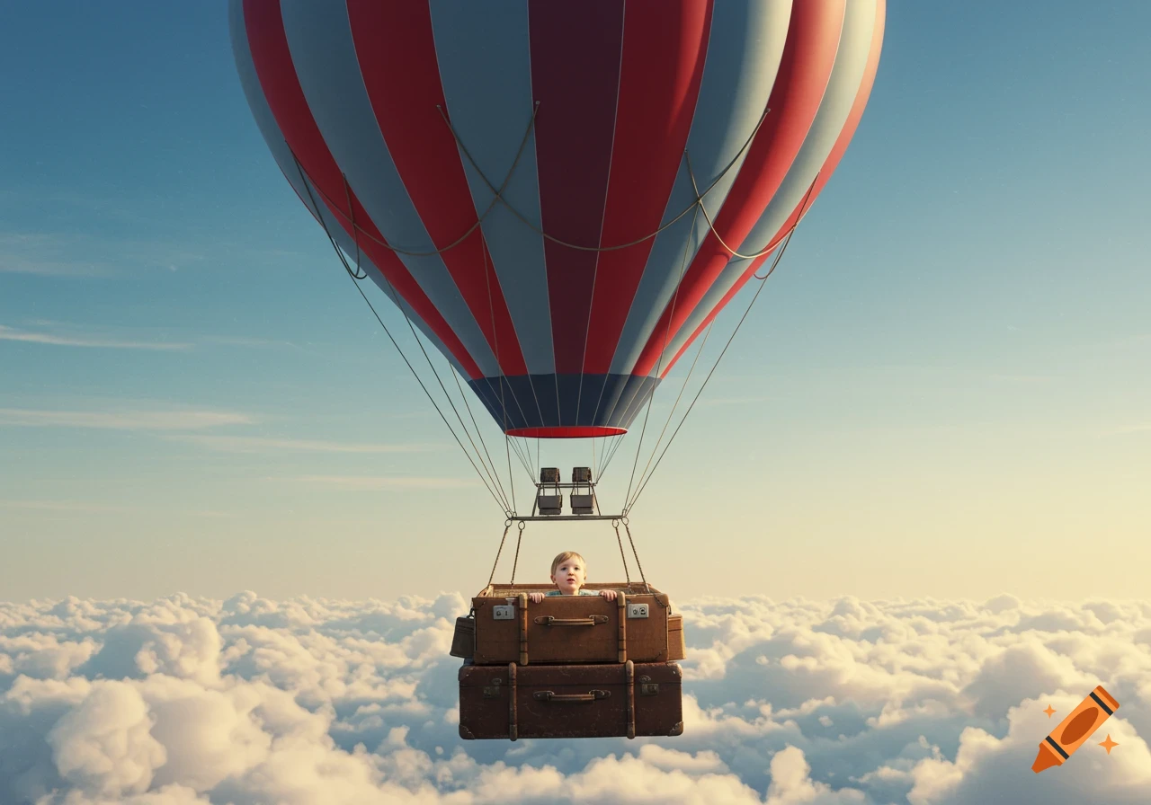 A baby in old suitcases acting as a hot air balloon basket, flying above clouds with a red and white striped balloon.