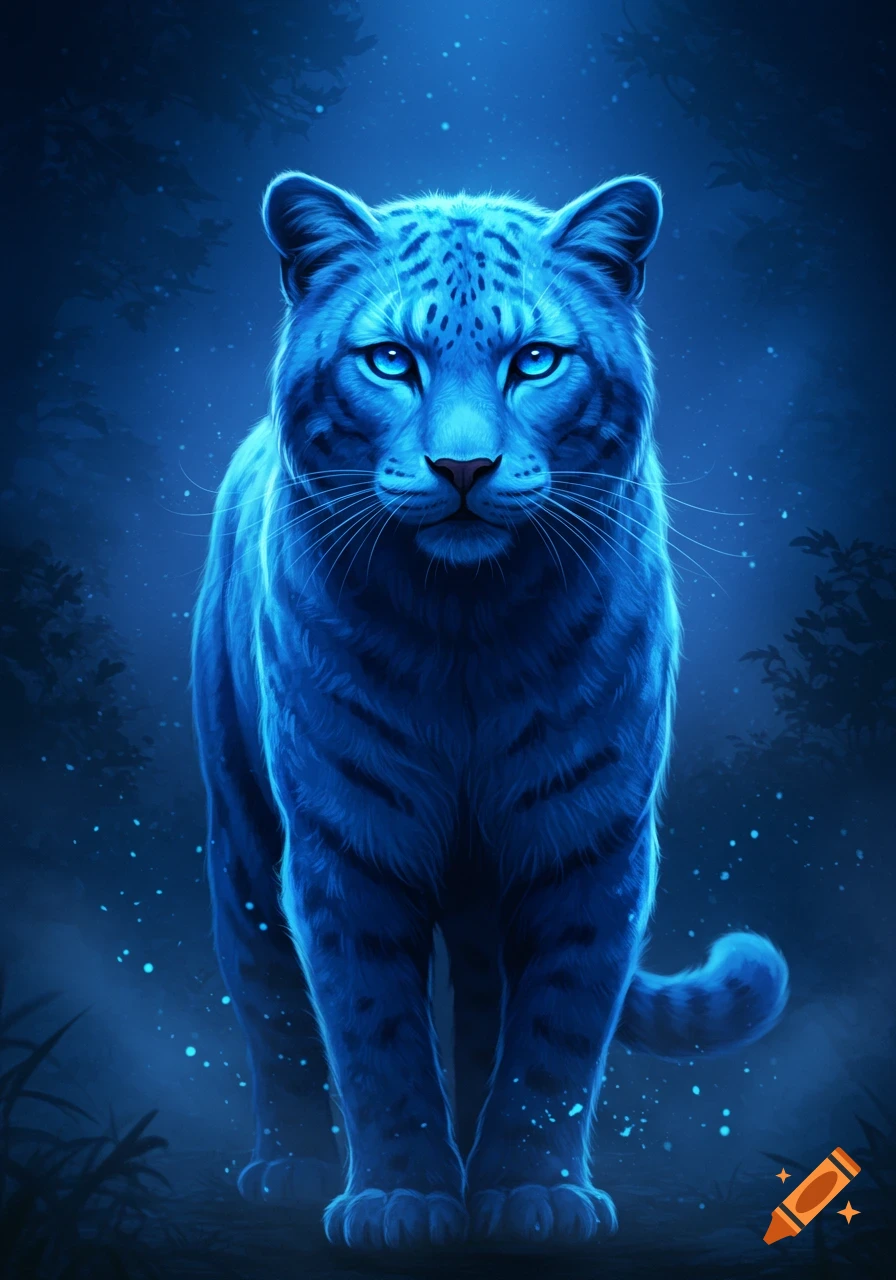 A majestic blue leopard with glowing eyes stands in a dark, mystical forest.