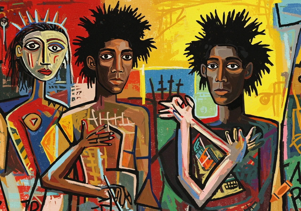An abstract painting in Basquiat and Picasso style depicts three stylized figures with expressive faces, spiky hair, and dark skin tones against a vibrant, multi-colored background with graffiti-like markings.