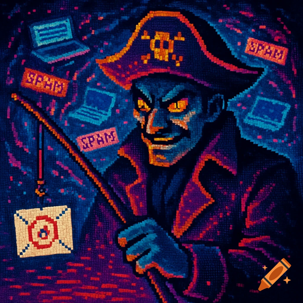 A pixelated villain in a pirate hat fishes for an email, surrounded by laptops and spam messages in a dark, retro arcade style.
