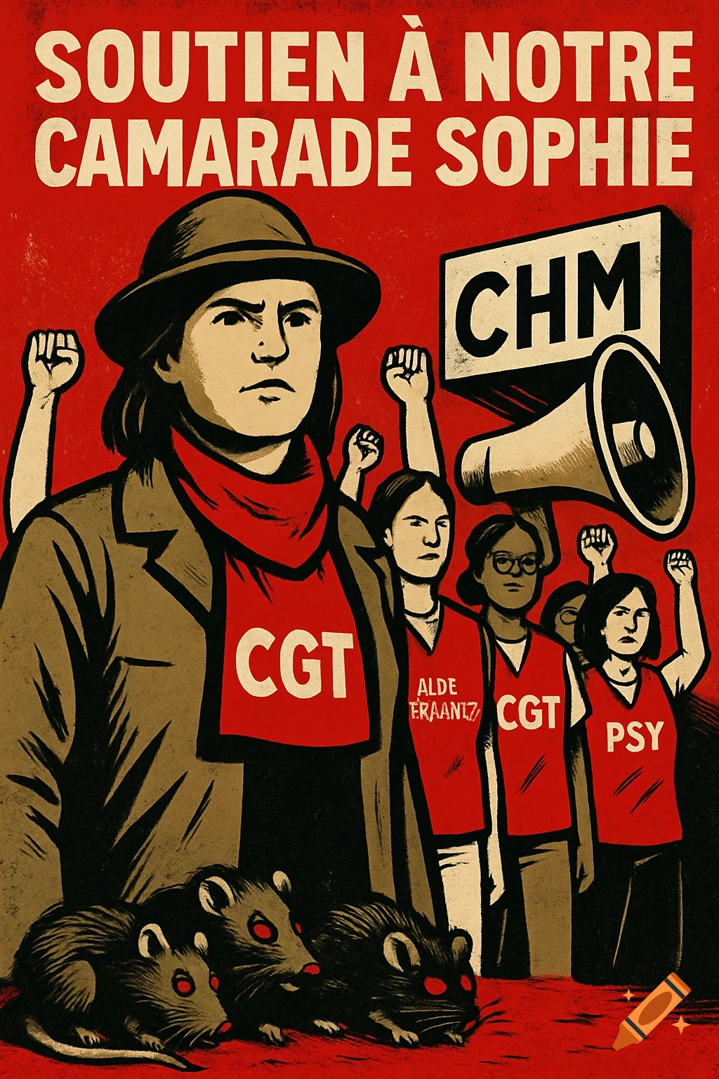 A vintage-style propaganda poster shows a resolute woman in a hat and red scarf, surrounded by people with raised fists, some wearing red shirts with "CGT" and "PSY" text. A sign reads "CHM" and three rats are at the bottom. Text at the top says "SOUTIEN À NOTRE CAMARADE SOPHIE".