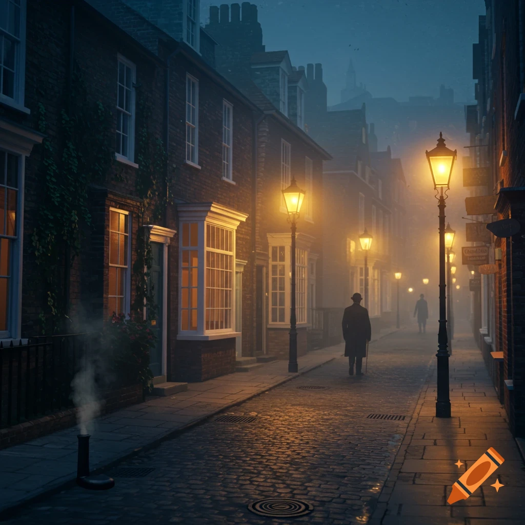 Foggy cobblestone street at night, lined with brick buildings and illuminated by gaslights, with figures walking in the distance.