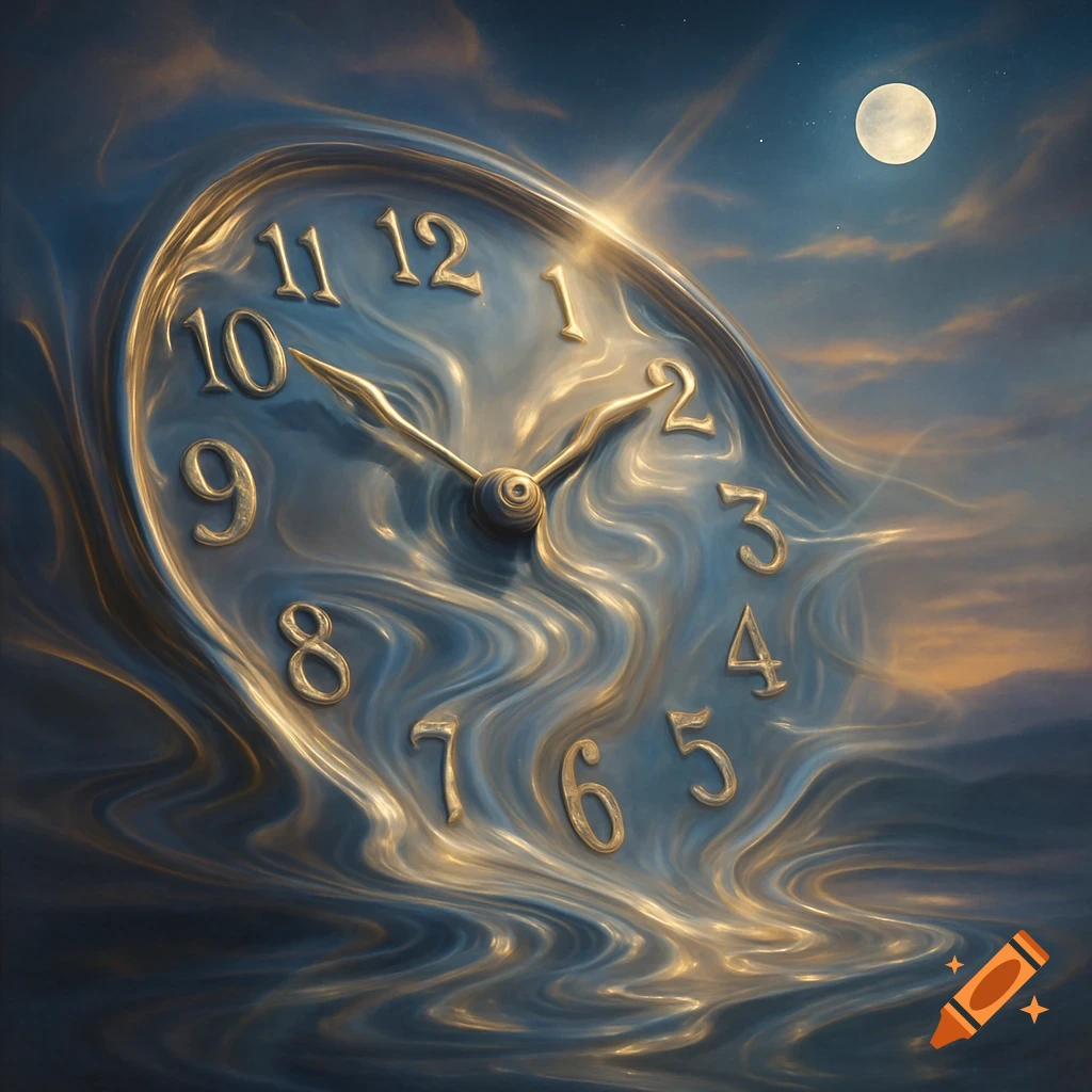 Surreal melting clock with golden numbers and hands, flowing into liquid under a full moon in a cloudy, twilight sky.